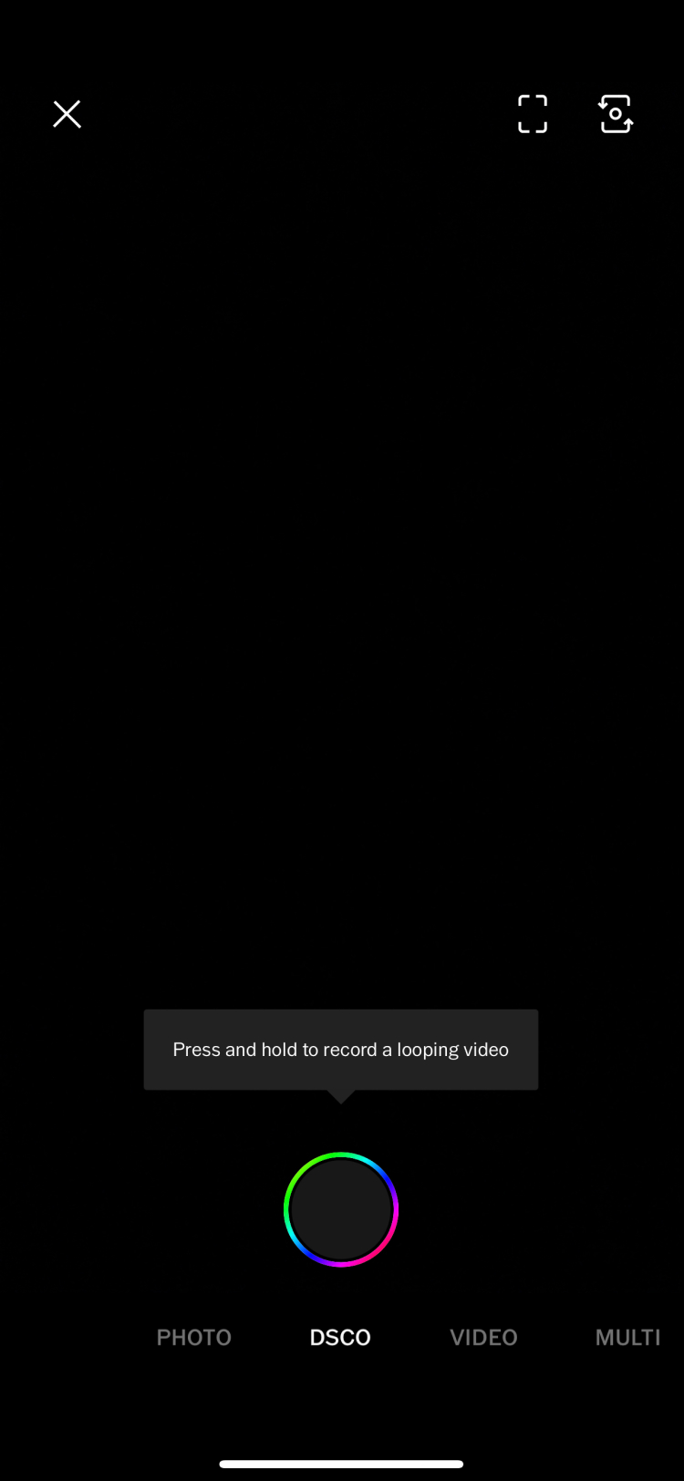 A screen showing the beginning stage of recording a DSCO in the VSCO app